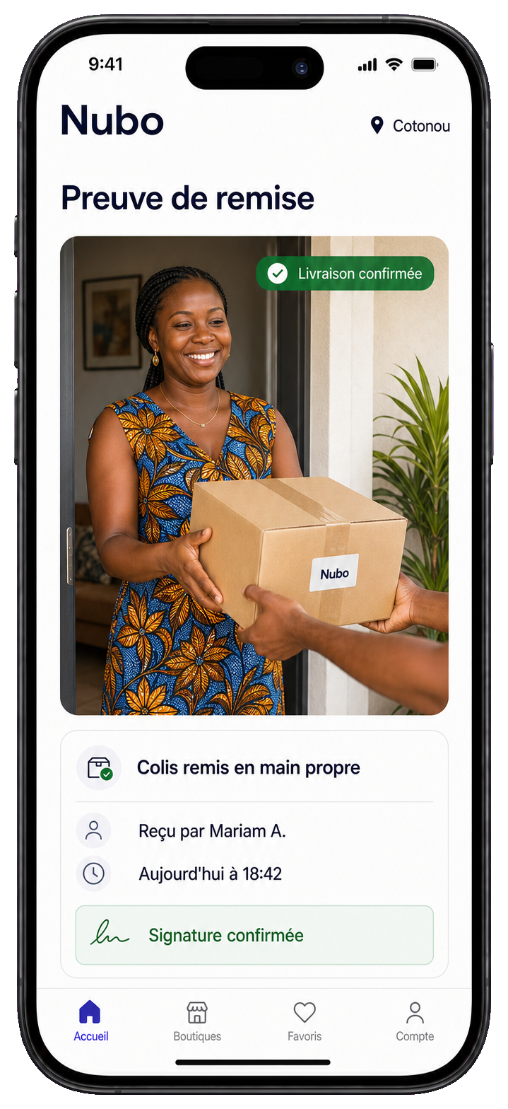 iPhone affichant la preuve de remise d'un colis à sa destinataire dans l'application Nubo